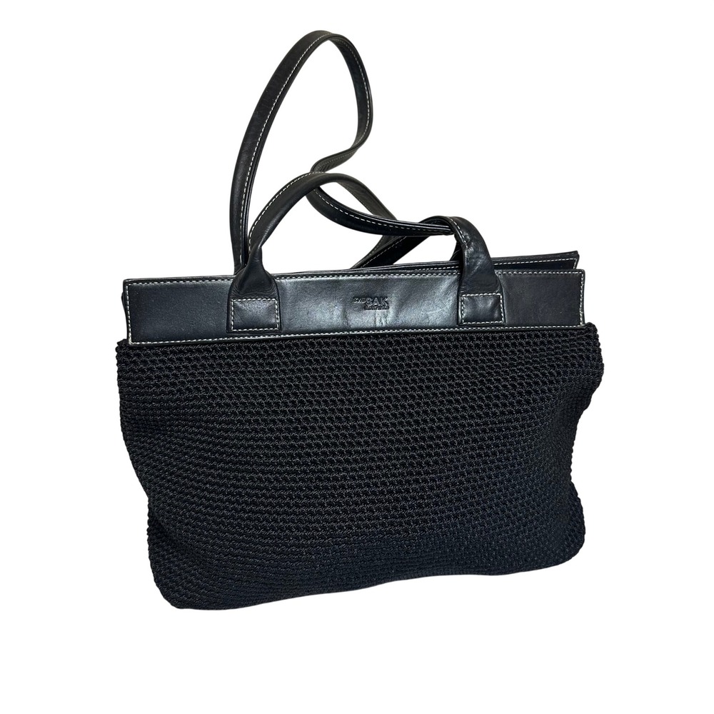 The Sak Black Crochet Leather‎ Trim Shoulder Bag Tote Contrast Stitching